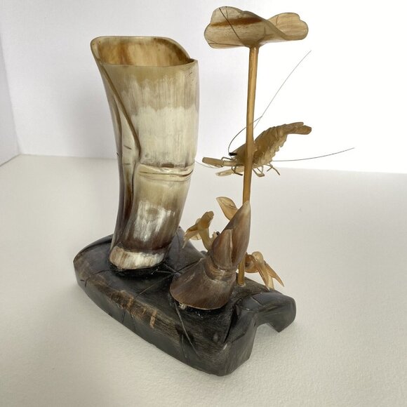 Crab Shrimp Lotus Hand Carved Animal Horn Sculpture Pen Holder Vintage Desk Set - Picture 10 of 16